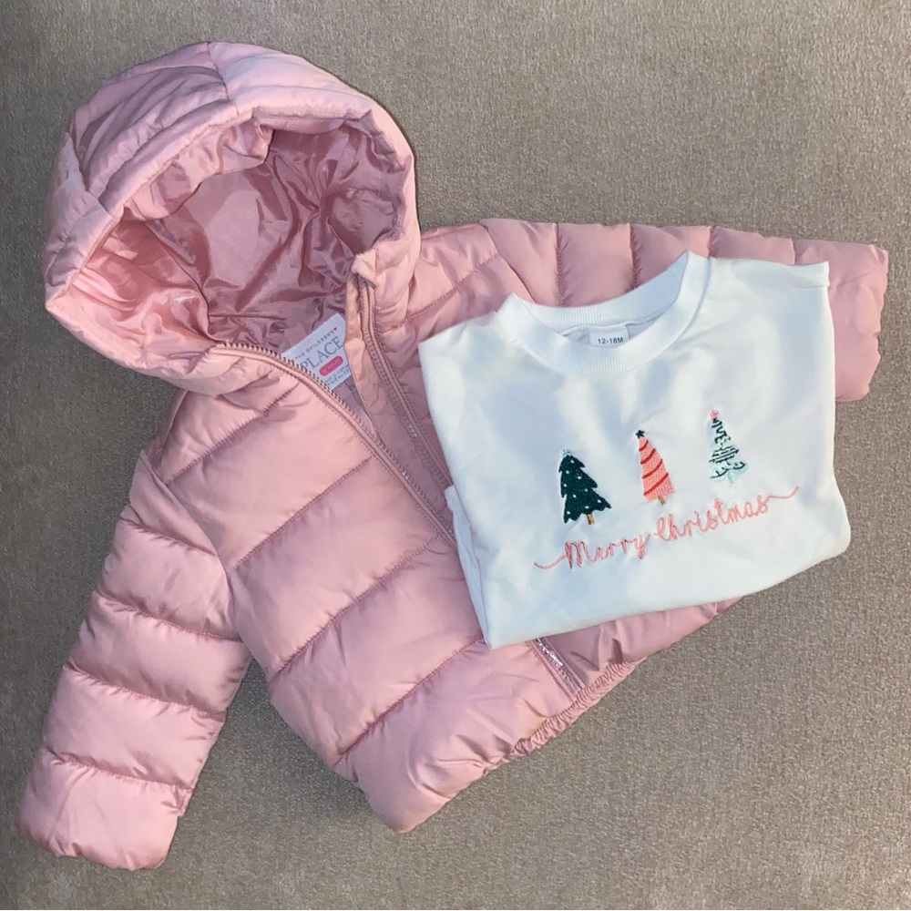 Pink Puffer Jacket & Long Sleeve Onesie Bundle